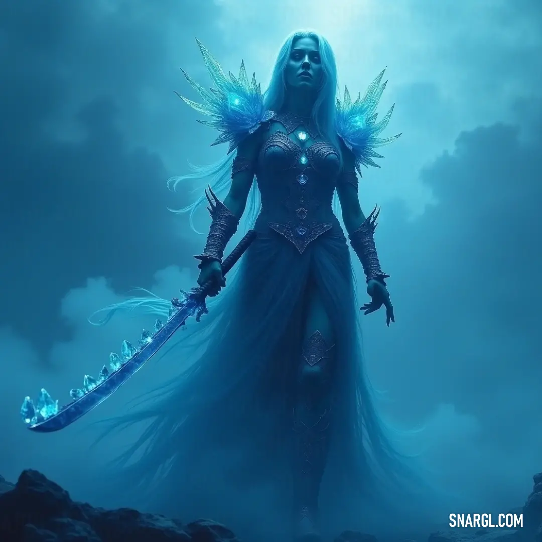 Bathed in celestial light, the ghost of an old woman stands with her sword at the ready, a poignant reminder of the stories and wisdom of a life once lived, now presenting an ethereal silhouette against the backdrop of an expansive sky. A ghostly old woman, brandishing a sword in her hand, stands against a vibrant sky, the ethereal light illuminating her features and revealing the stories of a life once lived, now transcending into a realm beyond mortal grasp.