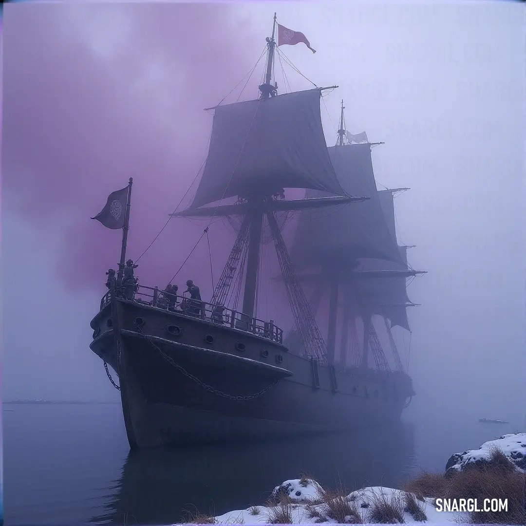 A large boat resting on calm waters next to a flagpole, capturing the stillness of the scene A large boat floats peacefully on the water's surface near a tall flagpole, its reflection gently rippling in the calm water. The tranquil scene is a perfect harmony of man-made and natural beauty.