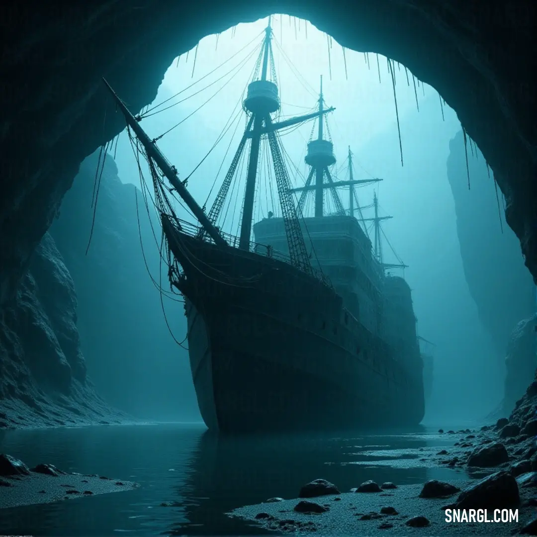 A ship anchored in a cave, with a light casting dramatic shadows on its side A ship rests inside a dark cave, its side illuminated by a bright light, creating an intriguing contrast against the shadows. The mysterious ambiance hints at hidden treasures or unexplored adventures within.