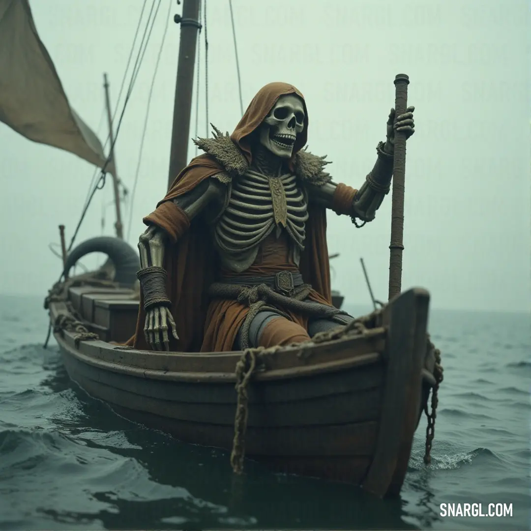 The Ghostly Warden sits silently in a boat, staff in hand, as the calm waters reflect the silhouette of a distant sailboat, evoking an eerie sense of calm and mystery on the open water.