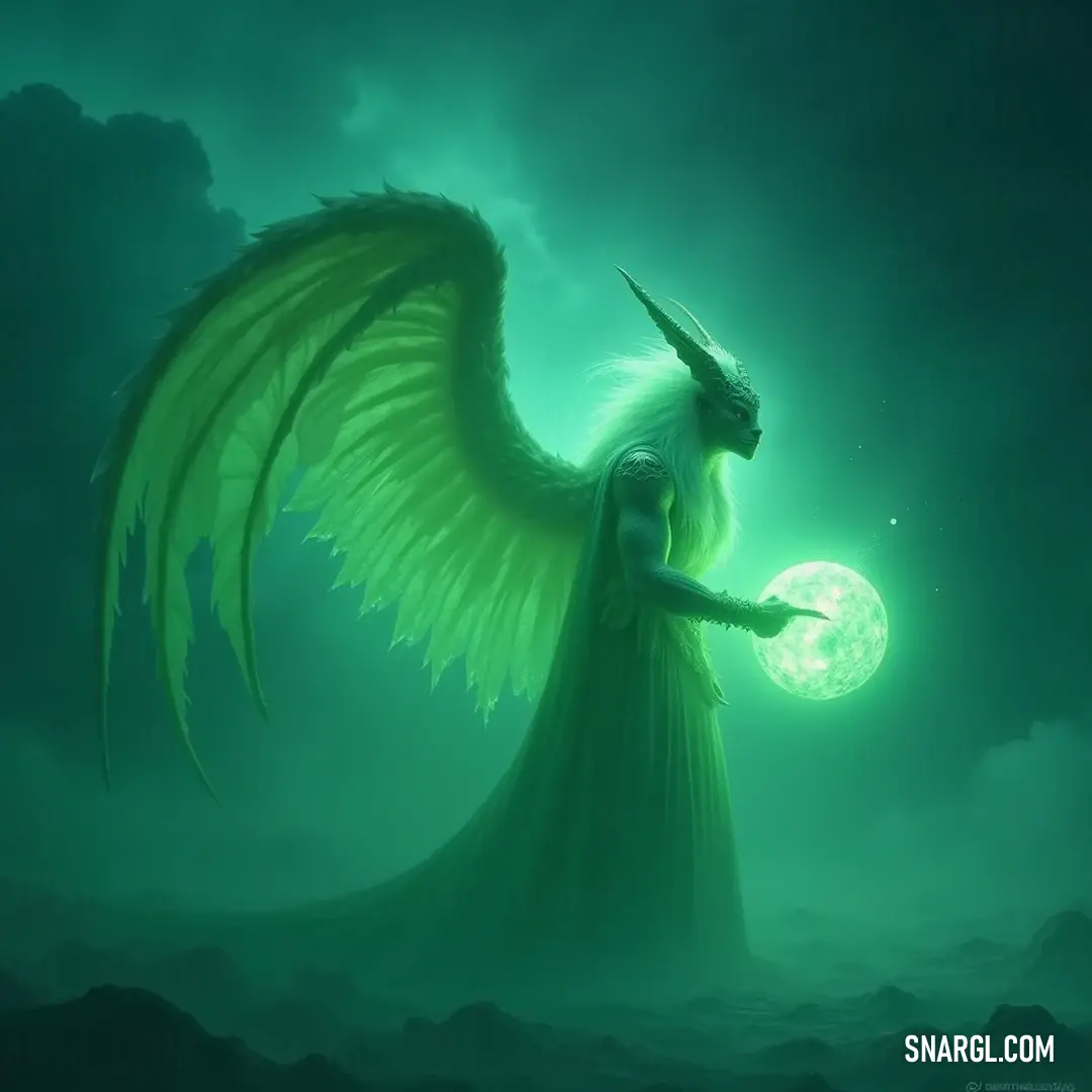 Enchanting green-winged figure holding a luminous orb, radiating magic under the glow of a captivating full moon. Amidst the brilliance of a full moon, a green-winged figure gracefully holds a shimmering orb, creating an enchanting vision that melds magic and strength within the mystique of the night.