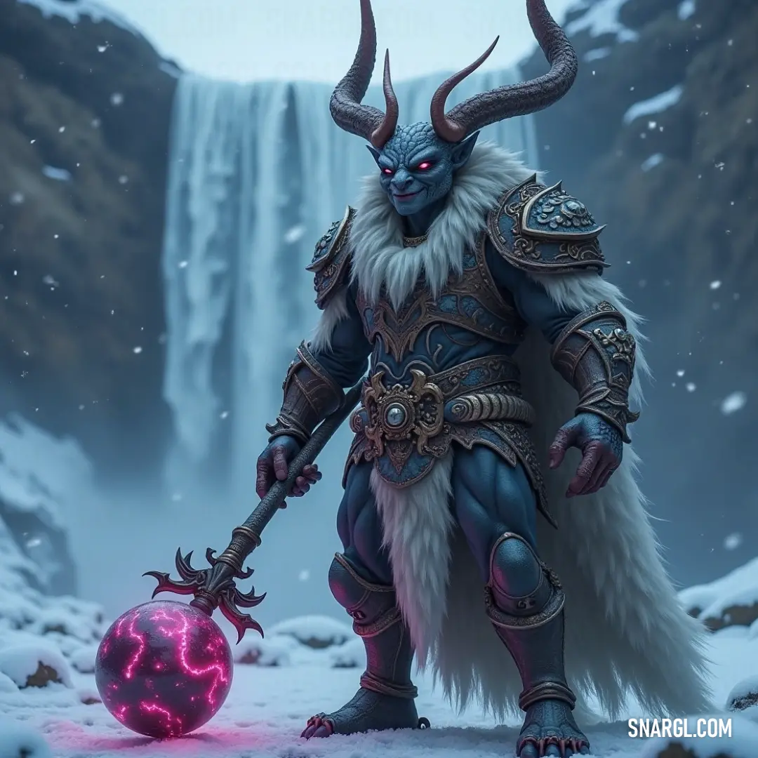 A dynamic figure with horns holding a glowing orb, boldly standing in front of a cascading waterfall, a symbol of power and strength. In front of a cascading waterfall, a dynamic being with horns and a fierce expression confidently holds a glowing orb, embodying energy and strength, as a majestic landscape unfolds behind.