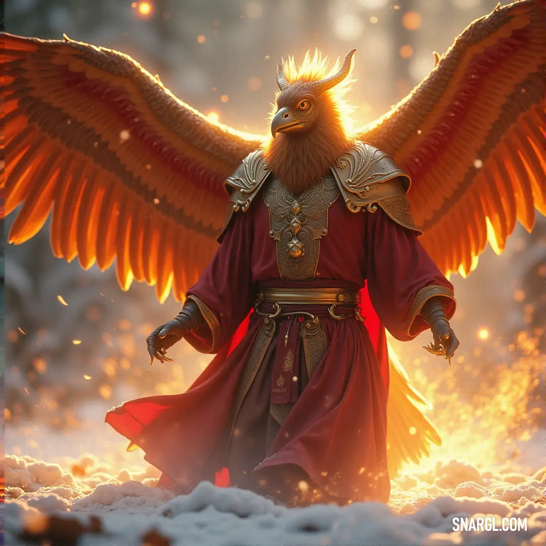 The magnificent Golden Garuda, crowned and draped in a red robe, stands stoically in the snow, a symbol of strength and majesty. A majestic Golden Garuda adorned with a regal crown and red robe, standing tall amidst a snowy landscape. Its powerful wings stretch outward, framed by the cold, ethereal snowflakes.