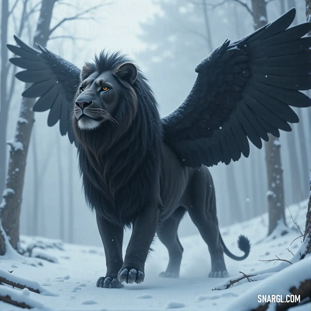 A mighty black lion with wings stands in a snow-covered forest, blending strength with the tranquility of winter. A large black lion with striking wings stands solemnly in a snow-covered forest. Snowflakes gently fall around it, and its wings create an imposing contrast against the white landscape, while trees stand silently in the background, their branches heavy wi