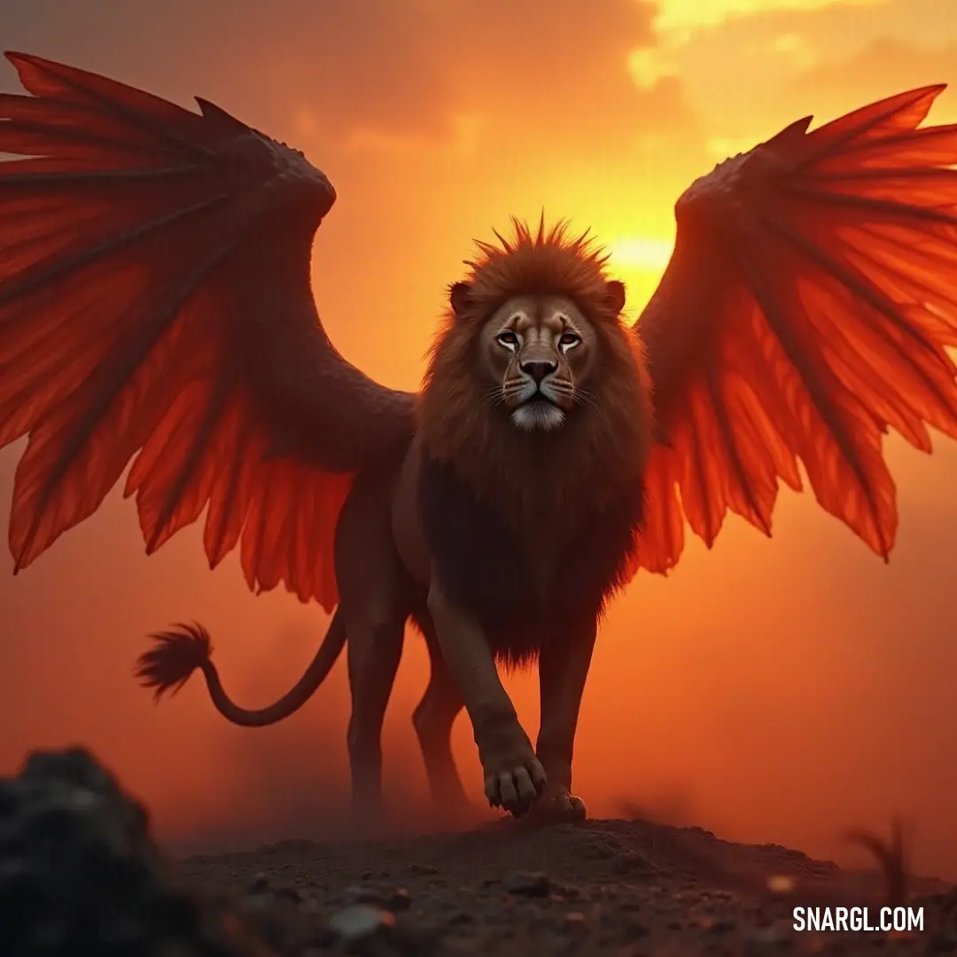 The Grand Simurgh stands tall on a rocky surface, its wings wide open as the setting sun paints the sky with warm, golden tones, accentuating its majestic form. The Grand Simurgh, with its vast wings, perches on a rugged rock surface during sunset. The soft hues of the sky add to the bird’s imposing presence, casting a golden glow over the landscape.