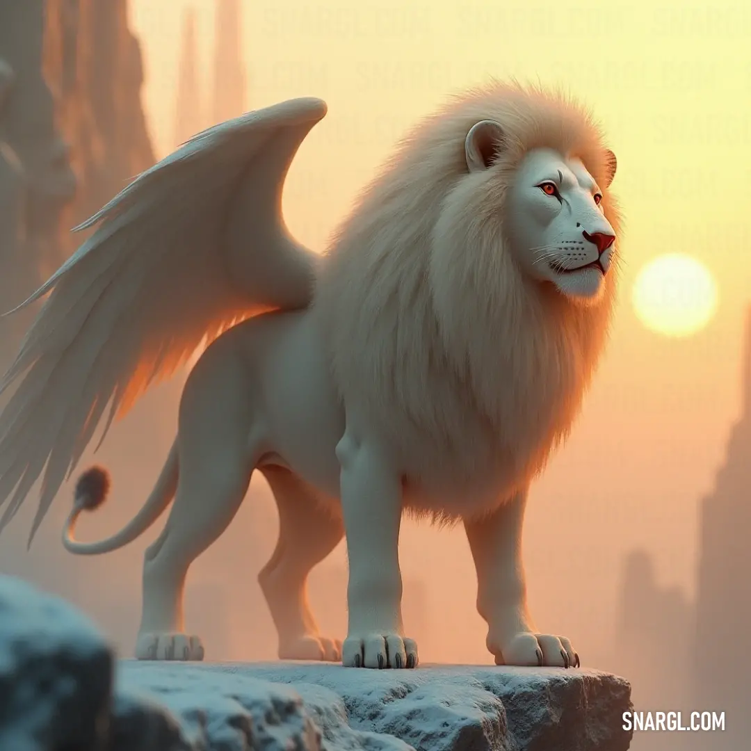 The resplendent white Simurgh dominates a striking landscape, standing firmly on a rock while the horizon glows in the warm colors of either sunrise or sunset, promising a new day or bidding farewell to the last.