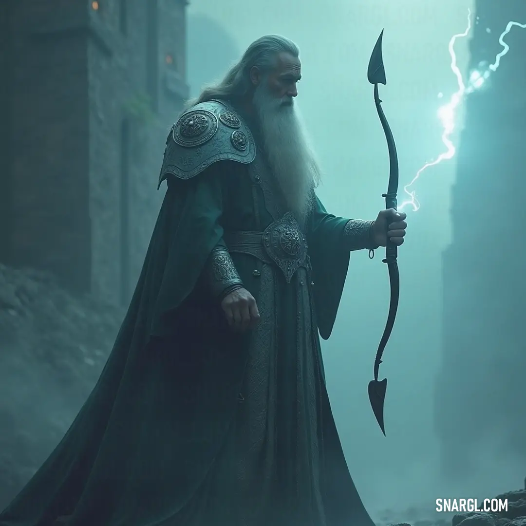 A grandmaster dressed in vibrant green bears a bow and staff amidst fog and a shadowy castle, embodying strength and wisdom in a mystical landscape. In a foggy realm, a grandmaster clad in a flowing green robe wields a bow and staff, standing resolute with a distant castle looming behind him, an image of power intertwined with the ethereal mist.