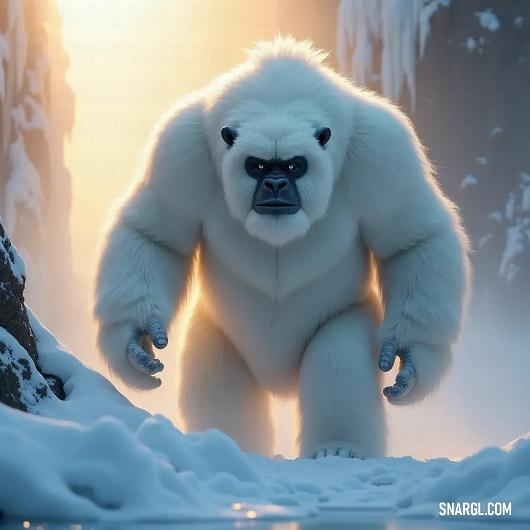 Polar Bear Amongst Rocky Ice and Snow A majestic white polar bear graces the snow with its presence, next to a sturdy tree and a rock wall lined with glistening ice, showcasing the rugged beauty of its arctic habitat.