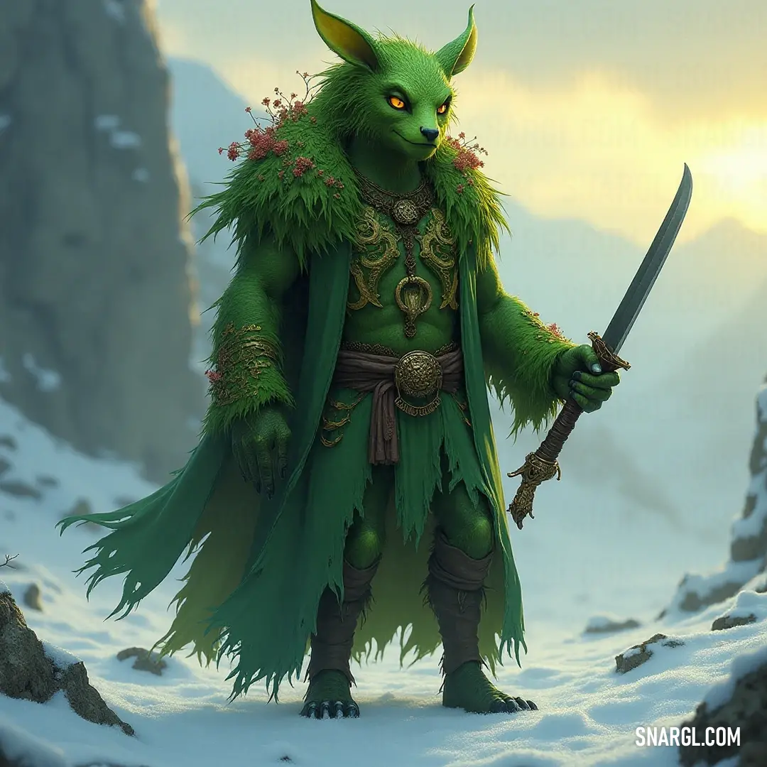 A brave hermit wielding a sword in a snowy landscape, framed by majestic mountains, embodying courage and ancient tales. A valiant hermit with gleaming green attire wields a sword against the backdrop of a breathtaking snowy landscape with majestic mountains, embodying courage and strength as the winds whisper tales of ancient endeavors.