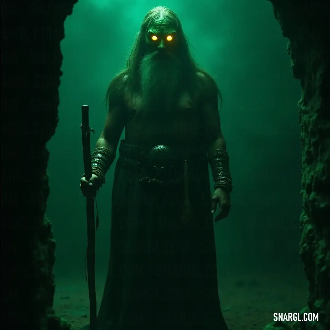 A mystical Green Hermit with glowing eyes and a long beard holds a staff in an enchanting cave lit by a green glow. A powerful Green Hermit with a flowing beard and glowing eyes holds an ancient staff in a cave, where luminous green light emanates from behind, creating an aura of mystery and magic.