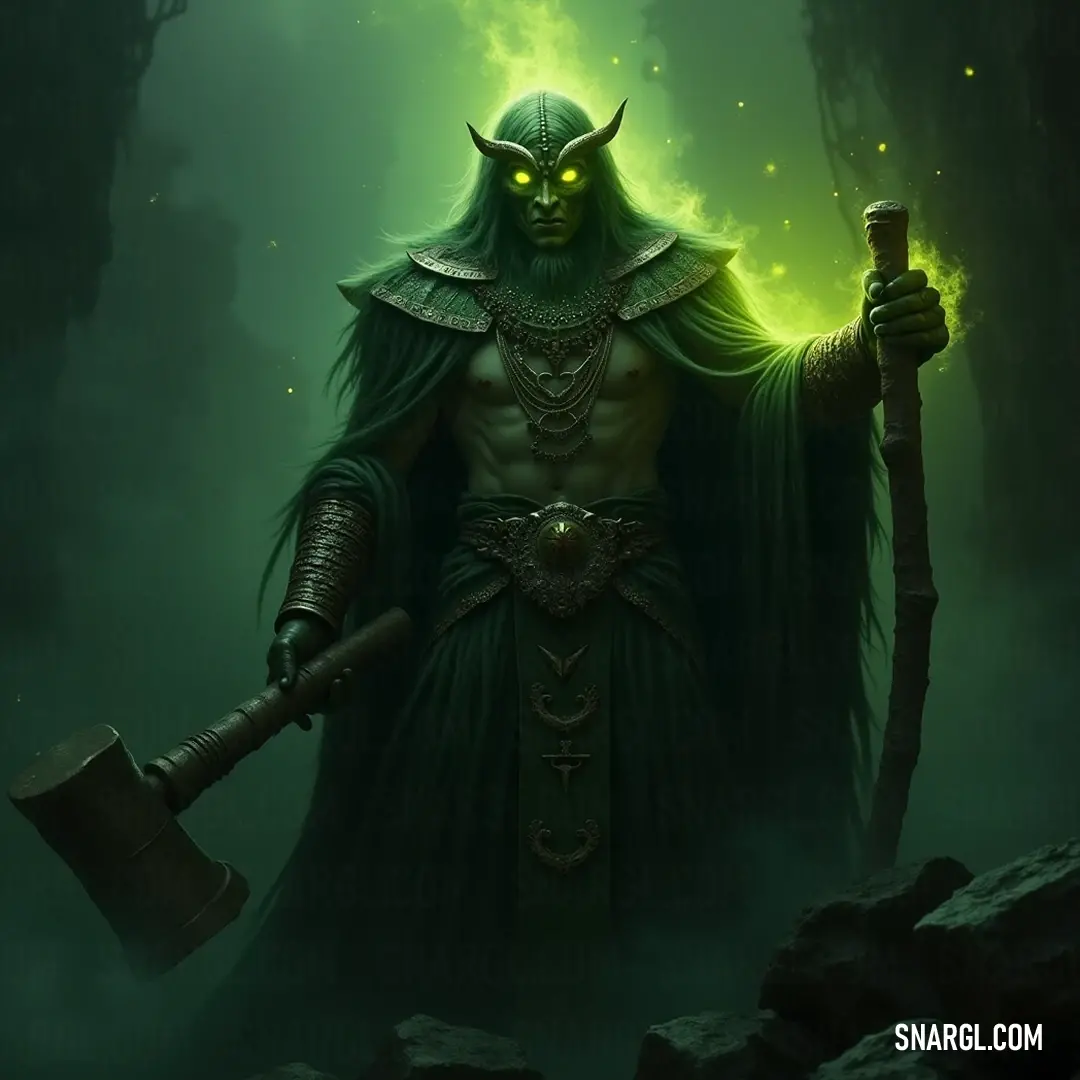 A mystical hermit dressed in green brandishes a hammer and a pulsating green light, symbolizing nature's hidden magic. Clad in a unique green costume, a hermit holds a shimmering hammer in one hand and a glowing green light in the other, embodying the magic of nature and the allure of the unseen world.