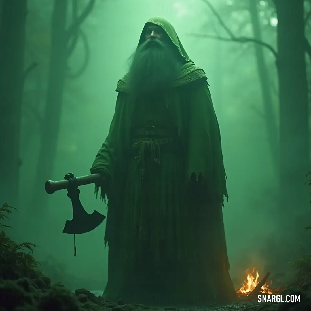 A powerful image of the Green Hermit in a green robe, brandishing a large axe, stands amidst a fiery backdrop in the forest, where the flames flicker and dance, casting an intense glow upon his determined expression and sturdy stance.