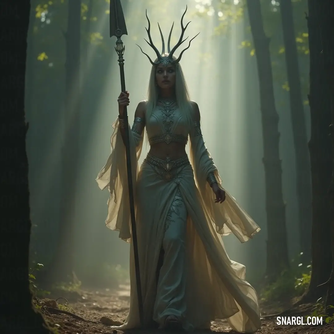 The Grey Lady, enveloped in her ethereal attire and holding a blazing staff, reveals the forgotten wonders of the forest, bathed in magic and a charm that whispers to the souls of wanderers. The Grey Lady stands resolute in a costume draped in mystery, staff and fire in hand, illuminating the enchanting forest around her with an ethereal glow that tells tales of time and magic.