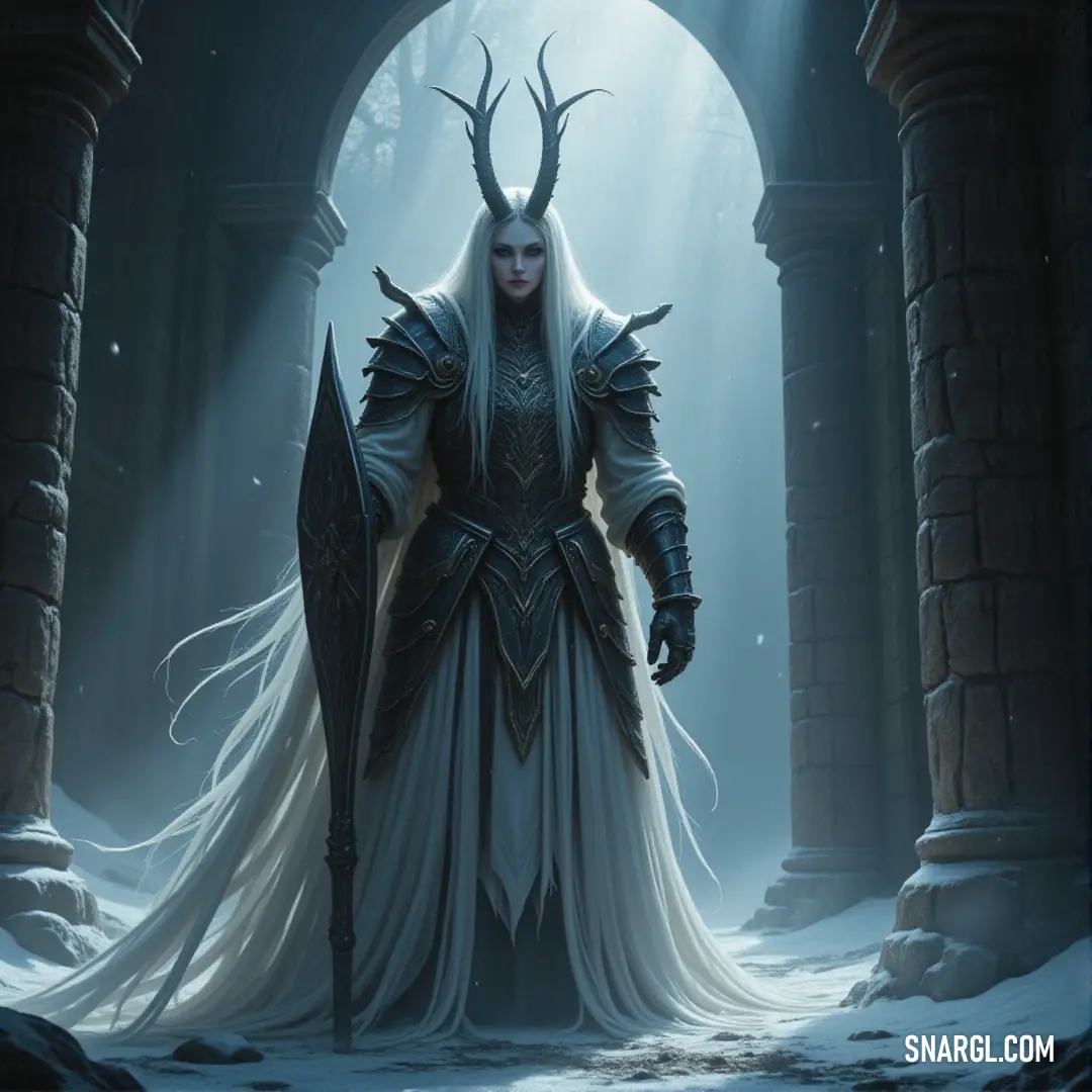 The Grieving Apparition, dressed in white with horns upon her head, stands motionless in a snowy area, with light filtering through a distant archway. The Grieving Apparition, a spectral figure in a flowing white dress with horns adorning her head, stands in a snowy landscape, bathed in soft light that breaks through an archway behind her.