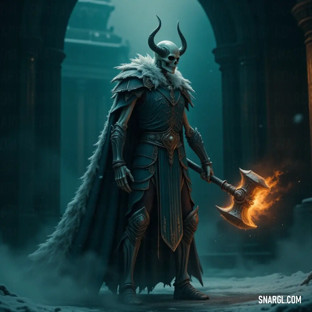 The Grim Conqueror, in his horned attire, holds a fire axe as light dramatically illuminates his face in a dark room. The Grim Conqueror stands in a shadowy room, his imposing horned costume casting dark shadows as he grips a fire axe. A single beam of light highlights his face, emphasizing the intensity of the moment.