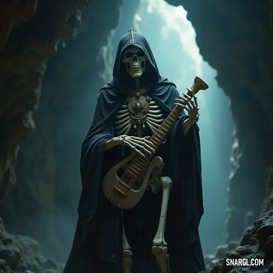 A wistful guardian band holding a guitar embraces another version of themselves in a shadowy cave. In the depths of a shadowy cave, a guardian with a guitar cradles another version of himself, their embrace capturing a poignant moment of connection, harmony, and exploration of the self.