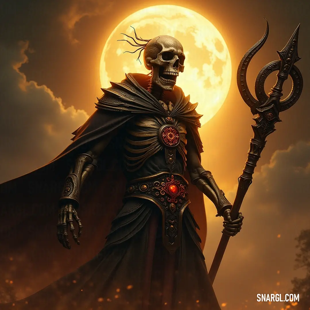 The Grim Guardian, scepter in hand, stands before a full moon, his figure bathed in the moonlight, embodying an air of ancient wisdom and solemn protection. The Grim Guardian, holding a scepter, stands tall before a glowing full moon. His shadowy figure is illuminated by the moon's eerie light, adding a sense of timeless mystery and guardianship to the scene.