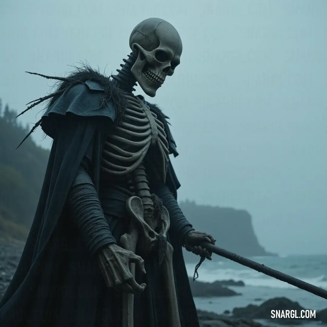 The Grim Ruler commands the rocky shoreline, draped in black, with a long staff, exuding an aura of mystery and power against the chaotic backdrop of nature's fury. In a dramatic landscape, The Grim Ruler, dressed in a flowing black robe and long cape, defiantly holds a sturdy staff amidst the crashing waves of a rocky beach beneath a stormy sky.