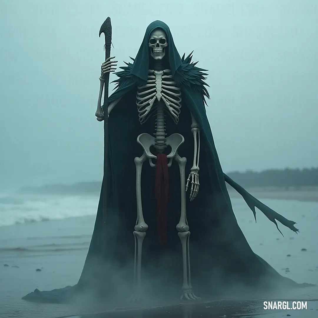 A dark cloaked ruler on a foggy beach under a radiant full moon, wielding a mysterious sceptre. A sinister figure draped in a dark cloak stands on a misty beach, wielding a gleaming sceptre that catches the light of a full moon, surrounded by swirling fog and an aura of mystery.
