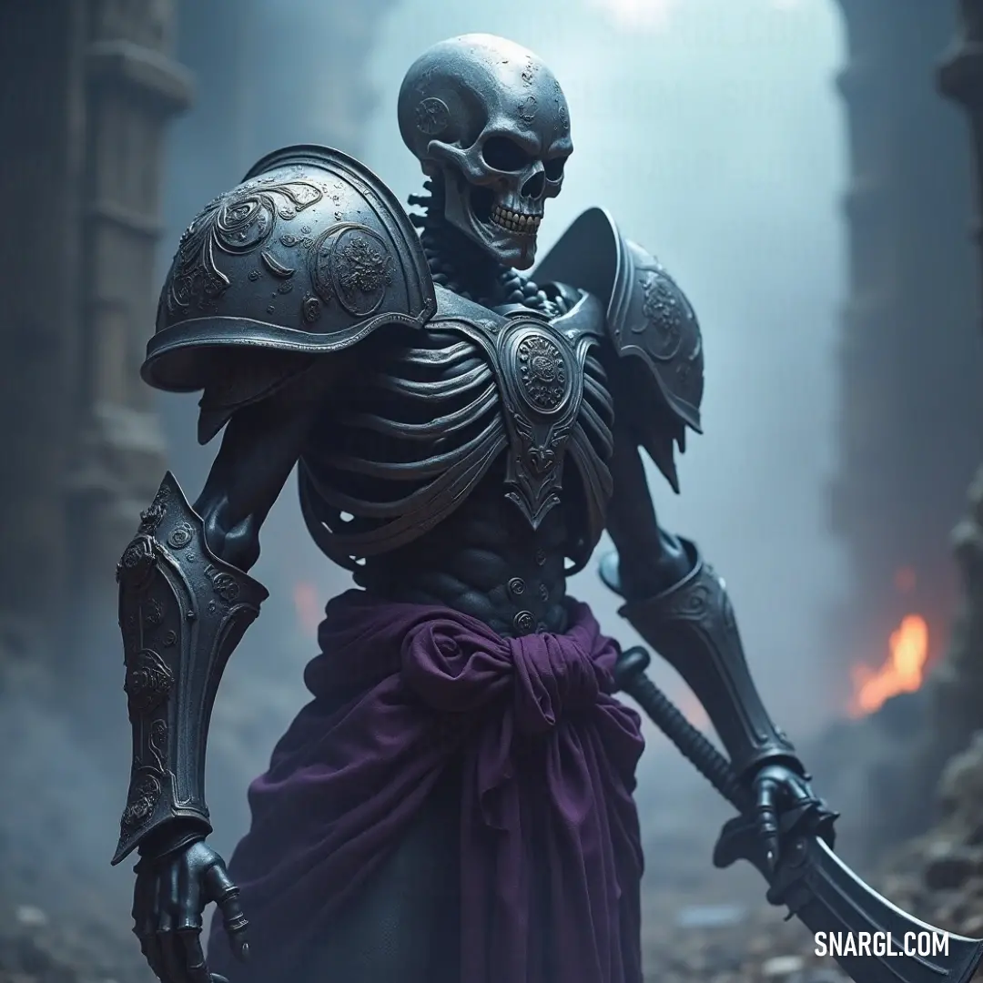 Amidst flickering flames, The Grim Ruler, adorned in purple, wields a sword, embodying a dark majesty in a shadowy alley where danger lurks at every turn. In a dark alley illuminated by flickering flames, The Grim Ruler clad in a regal purple garment brandishes a sword, standing poised in a realm where shadows and fire entwine ominously.