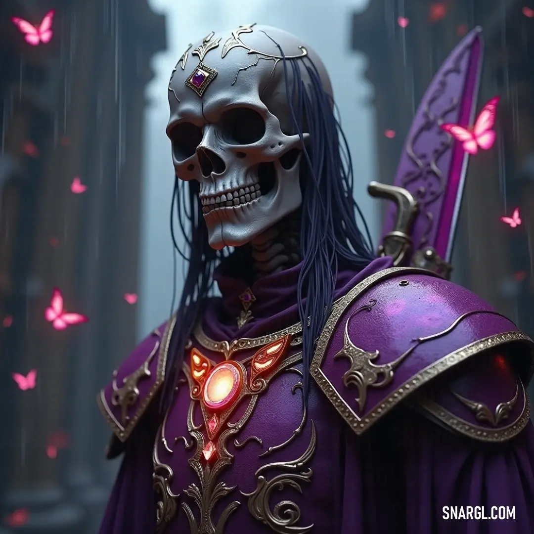 The Grim Ruler, adorned in a regal purple outfit, holds a sword while a skull head rests upon his shoulders. Butterflies flutter around him, with one in the background, adding a strange contrast to the dark, mystical setting.