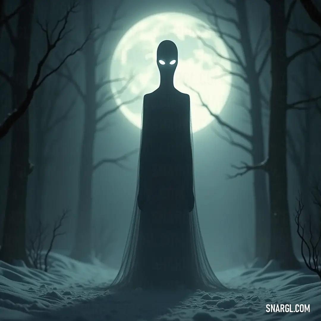 A haunting figure draped in shadows occupies a dark, dense forest, the ethereal glow of a full moon enhancing the mysterious aura as a veil obscures part of his visage.