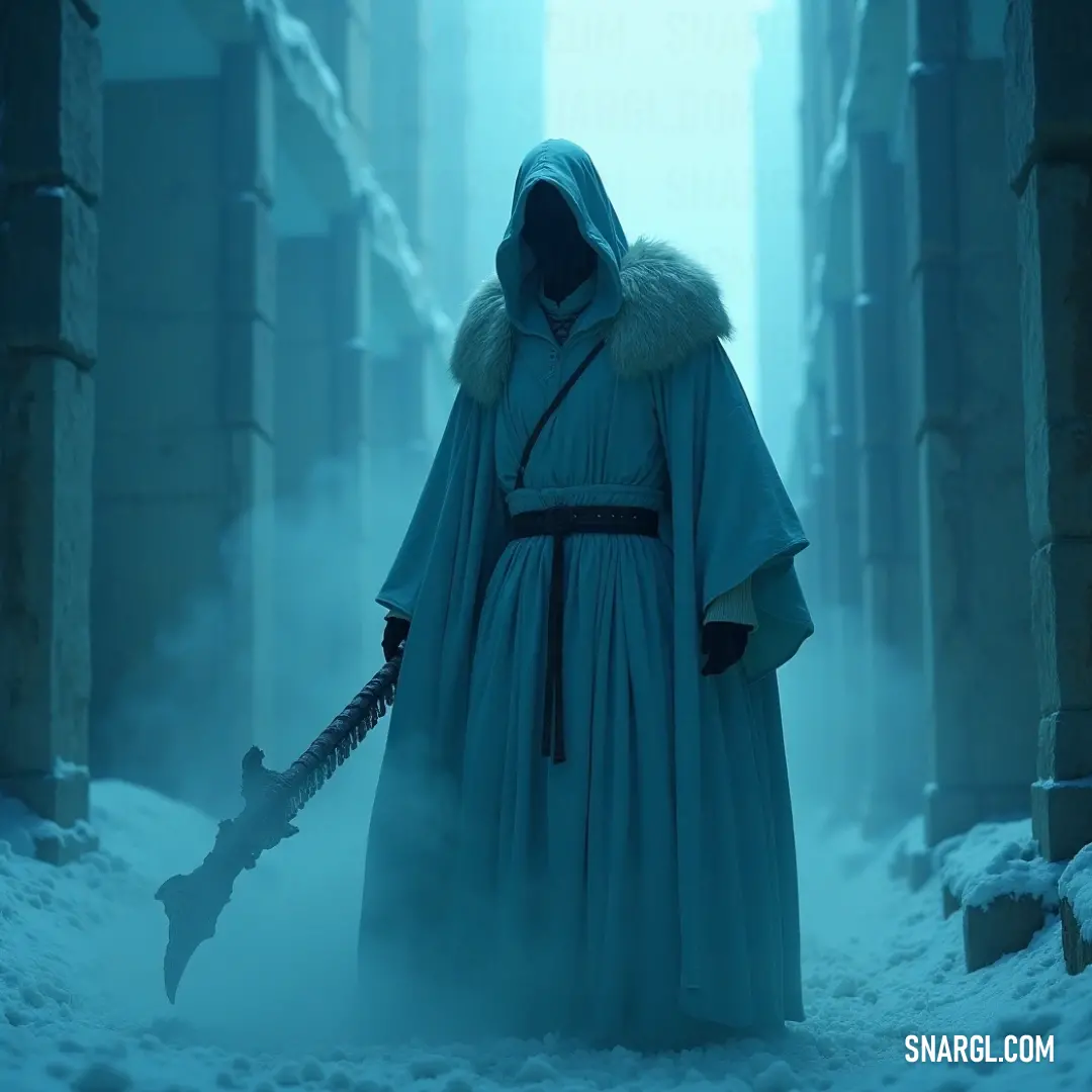 The Haunted Adventurer, cloaked in darkness, holds his sword aloft in a foggy, snow-filled alley, awaiting what lurks in the mist. A hooded adventurer, dressed in a tattered robe, stands resolute in a foggy, snow-covered alley. His sword is drawn, ready for any challenge that may come from the shadows in this eerie, desolate environment.