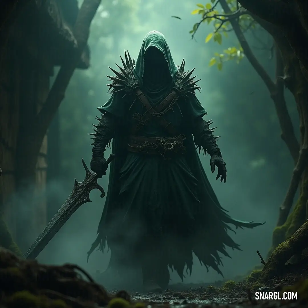 A haunted warrior dressed in a hooded cloak, holding a sword in a fog-filled forest, surrounded by towering trees that add to the foreboding scene. A hooded warrior, shrouded in mystery, grips a sword tightly while standing in a foggy forest. The mist swirls around him, and tall, looming trees add to the ominous atmosphere. His determined posture suggests he is prepared for battle in the eerie settin