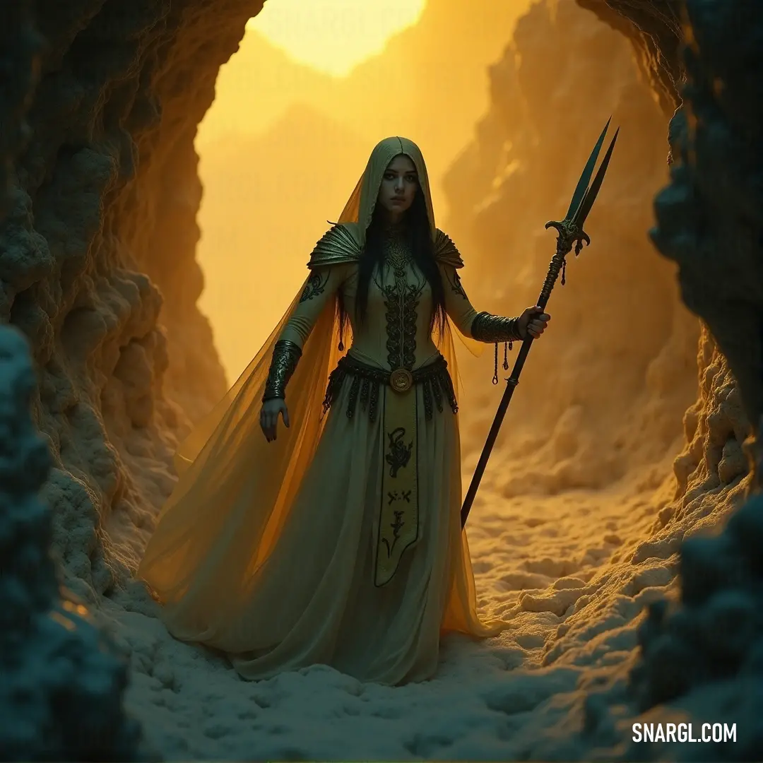 A mysterious woman in a long, flowing dress stands in a cave, holding a sword, with the looming presence of mountains as the cold backdrop. A haunting woman in a long dress grips a sword in her hand, standing alone in a cavern with jagged mountains looming in the background, casting dark shadows as she prepares for the unknown.