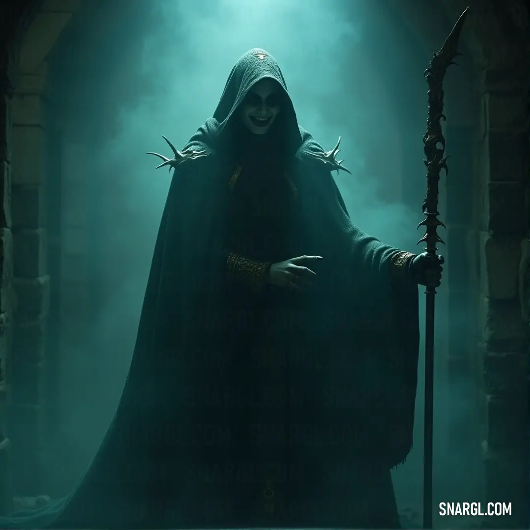 The Haunting Entity stands in a dark, fog-filled room, holding a staff, with light filtering down through the mist, creating an ethereal scene. The Haunting Entity, draped in a hooded cloak, stands tall with a staff in hand. The dark room around them is filled with a soft, swirling fog, as beams of light pierce through the mist from above, illuminating the figure in a ghostly aura.