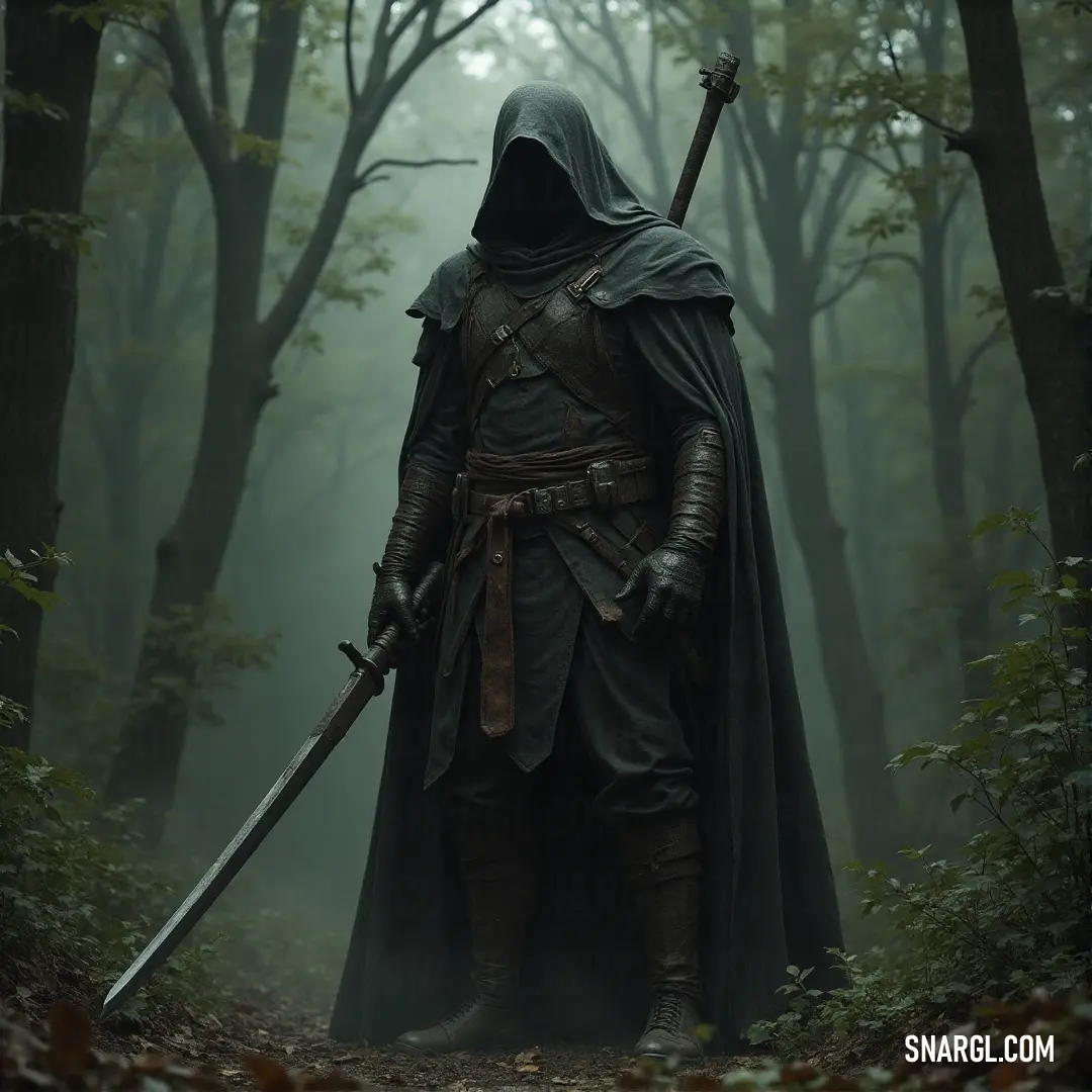 The Haunting Voice, holding a sword, stands in a fog-covered forest, casting an imposing figure in the dark, mysterious landscape. The Haunting Voice, cloaked in a dark hood, grips a sword tightly as they stand amidst a forest blanketed in fog. Tall trees loom in the background, their branches twisting as the figure’s presence cuts through the silence.