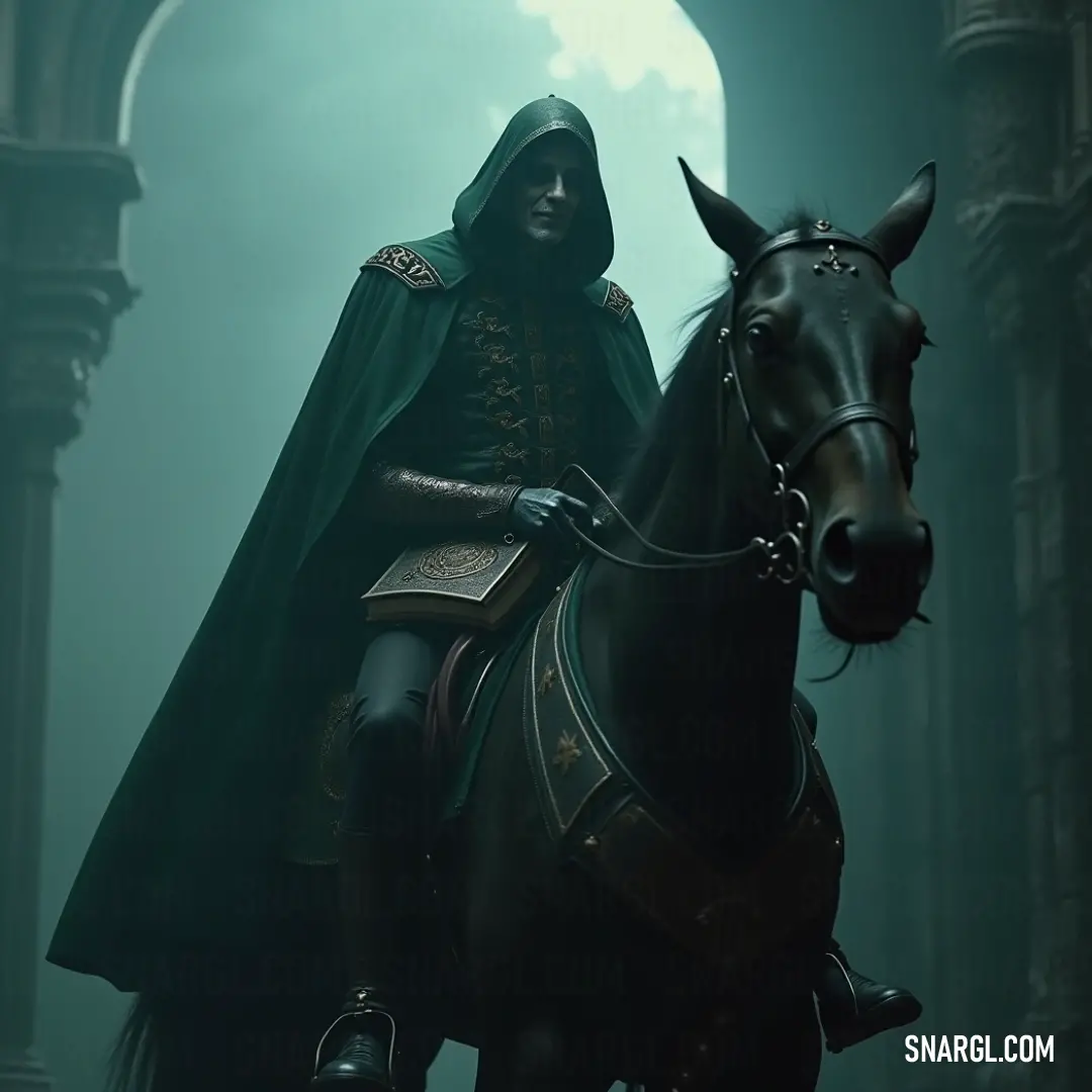 The Headless Horseman looms in a dark alley, draped in a green cloak, riding a spirited steed, with the full moon illuminating the eerie scene, enhancing the haunting tale of a relentless pursuit through the night.