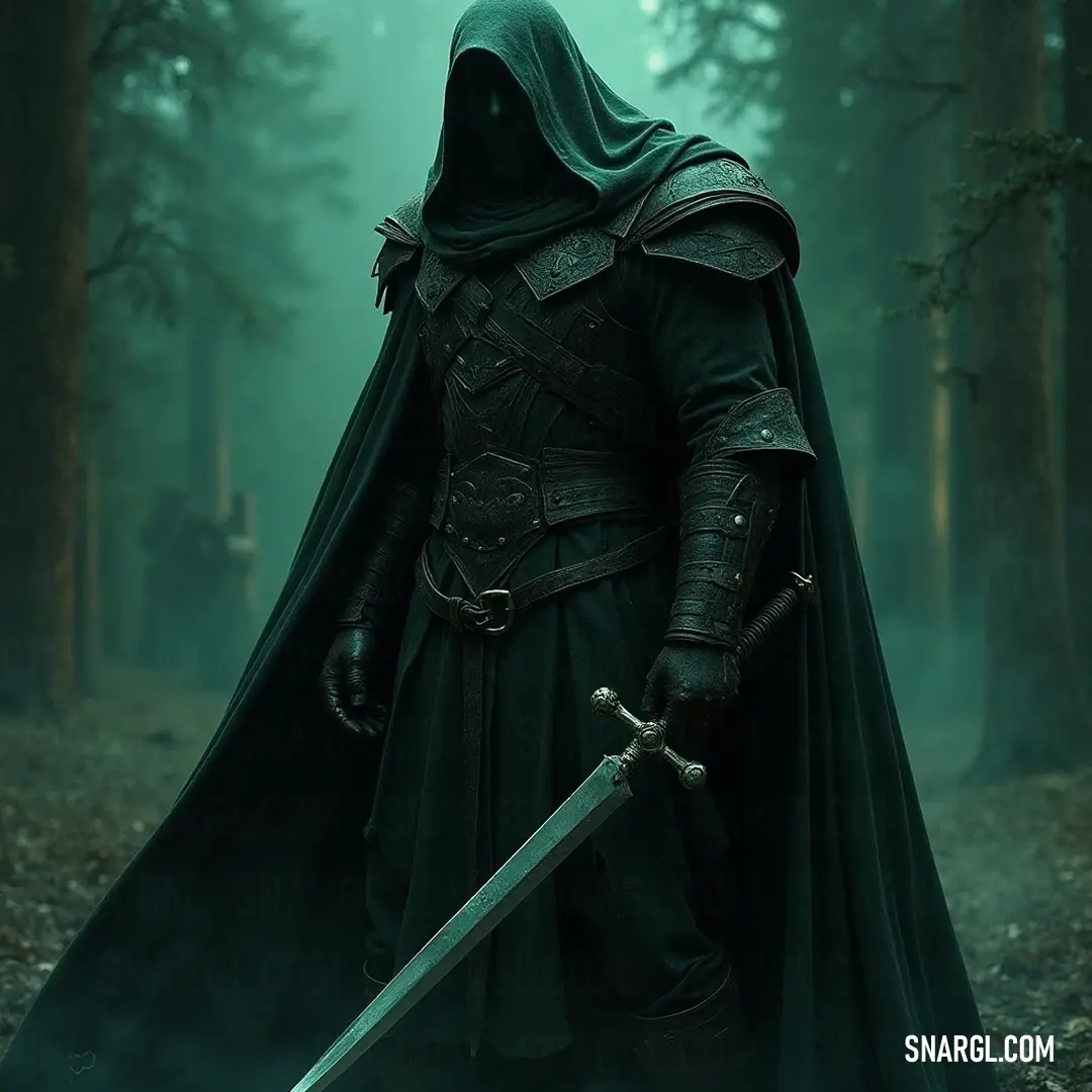 In a misty woodland, the Headless Horseman in his hooded outfit holds aloft his sword, surrounded by towering trees cloaked in fog, weaving together a tapestry of legend and the spectral worlds beyond. Bathed in the soft light of a foggy forest, the Headless Horseman clad in a dark hooded outfit raises his sword high. The eerie tranquility of the surroundings, punctuated by looming trees, adds a foreboding atmosphere to this mythical figure's stance.
