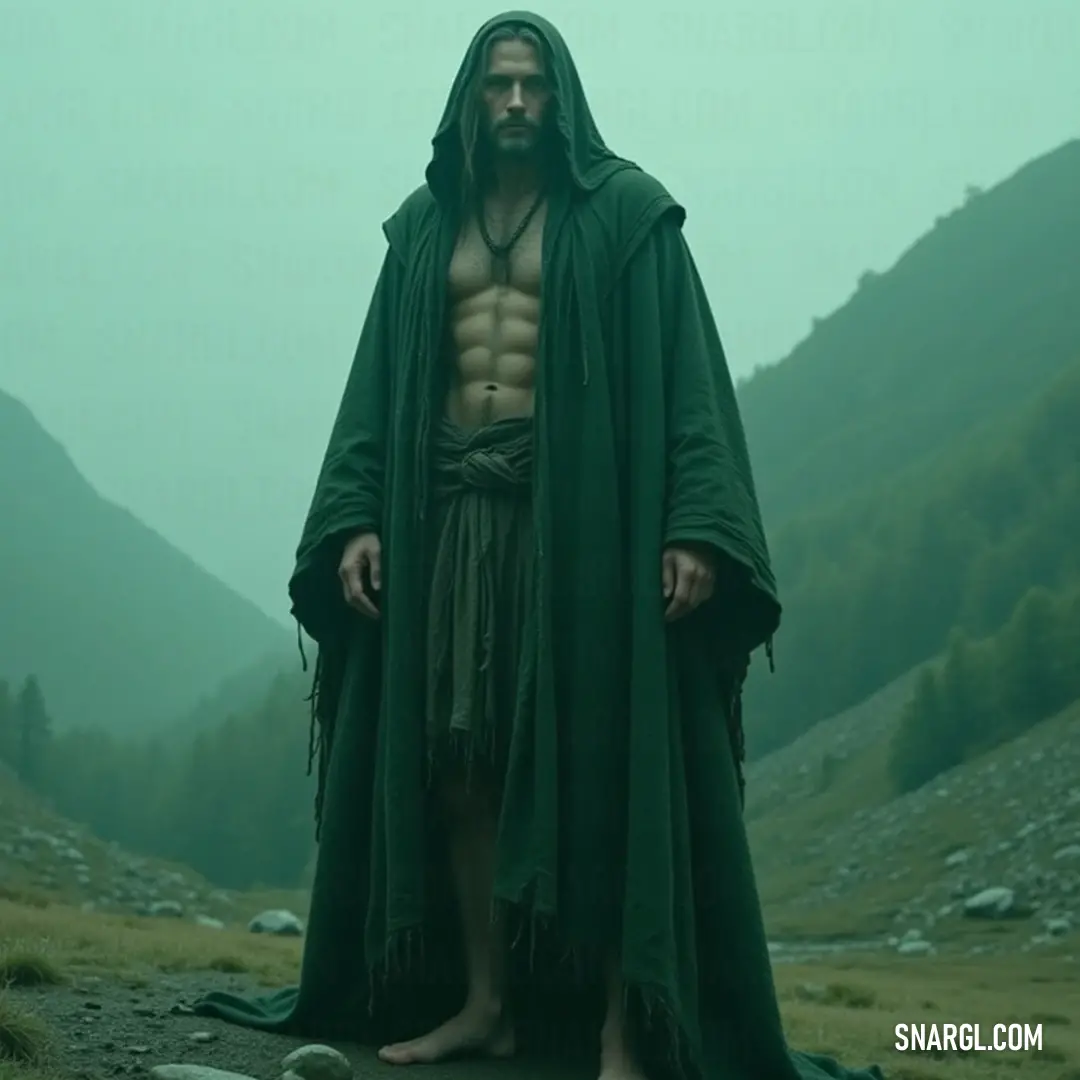 A serene hermit donning a green robe stands gracefully on a lush hilltop, with a green cloak cascading behind him, his gaze directed toward the horizon, embodying contemplation and connection with nature's beauty.