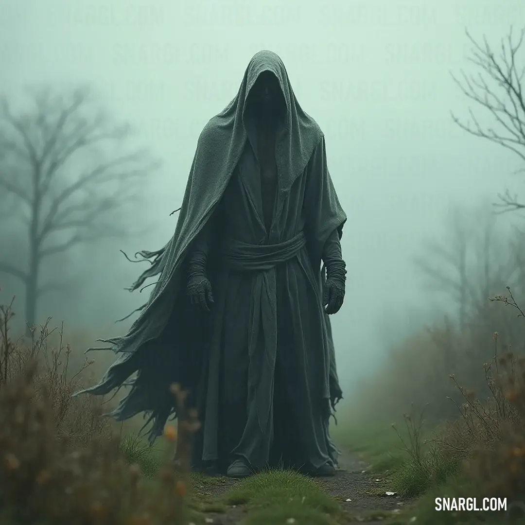 Clad in a hooded robe, the hermit walks purposefully along a misty woodland path, where towering trees loom like silent sentinels, their shadows dancing in the fog's embrace, shrouding him in mystery.