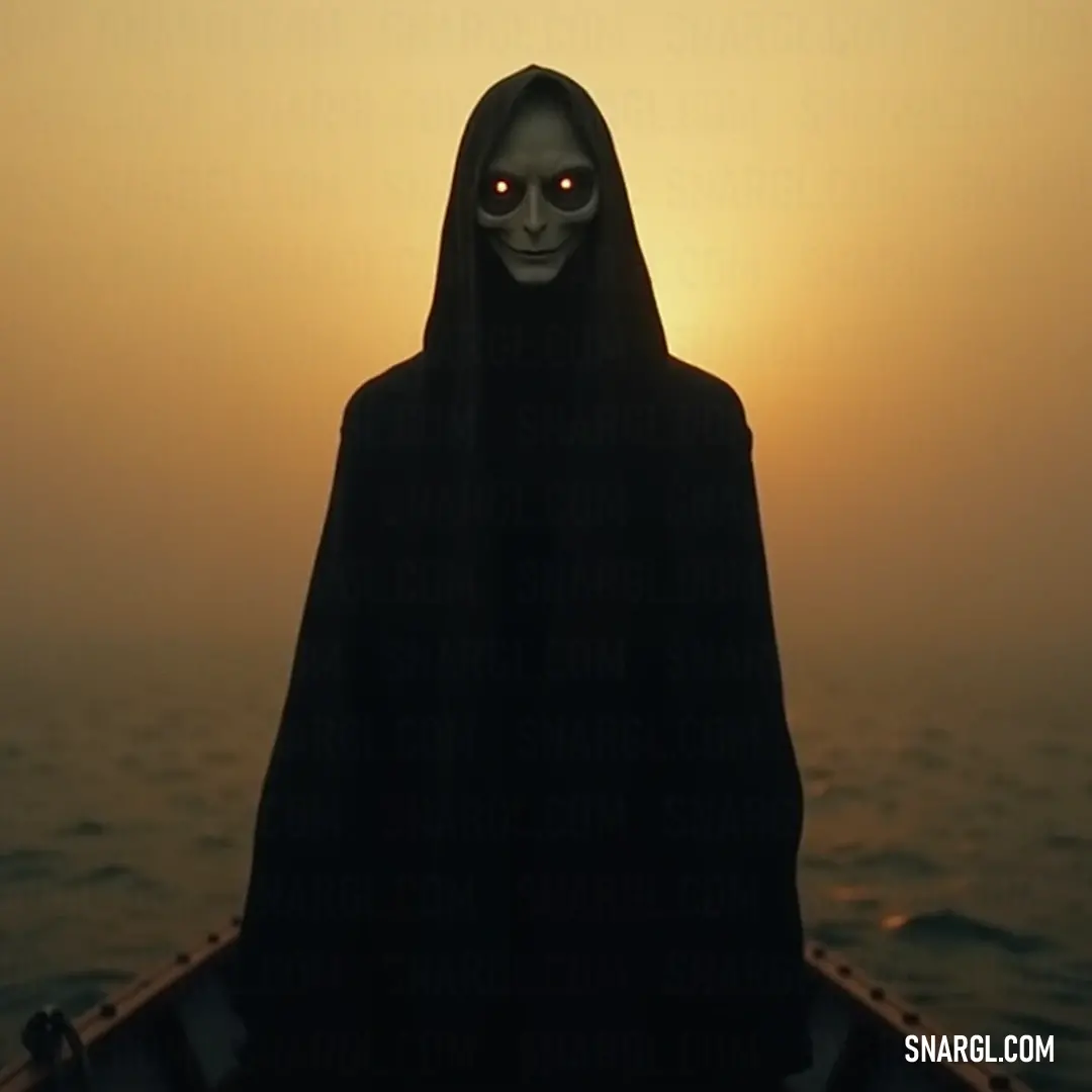 A hooded silhouette quietly navigates the waters, enveloped by fading light, as the tranquil surroundings emphasize its enigmatic aura, invoking thoughts of unseen worlds. A cloaked figure draped in shadows sits aboard a small boat, mysterious and serene as twilight descends, blending perfectly into the breathtaking canvas of dawn or dusk.