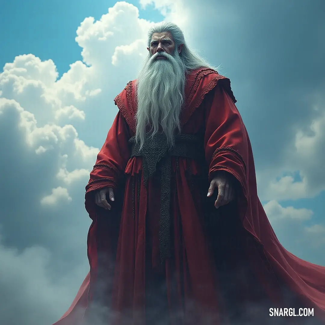 Floating among fluffy clouds, a formidable sorcerer with a long white beard stands in a majestic red robe, radiating power and authority within the celestial realms, commanding respect from all who gaze upon him. Soaring through the clouds, a wise sorcerer with a long white beard dons a striking red robe, standing confidently with hands on hips, embodying the majesty and power of the ethereal realms that surround him.