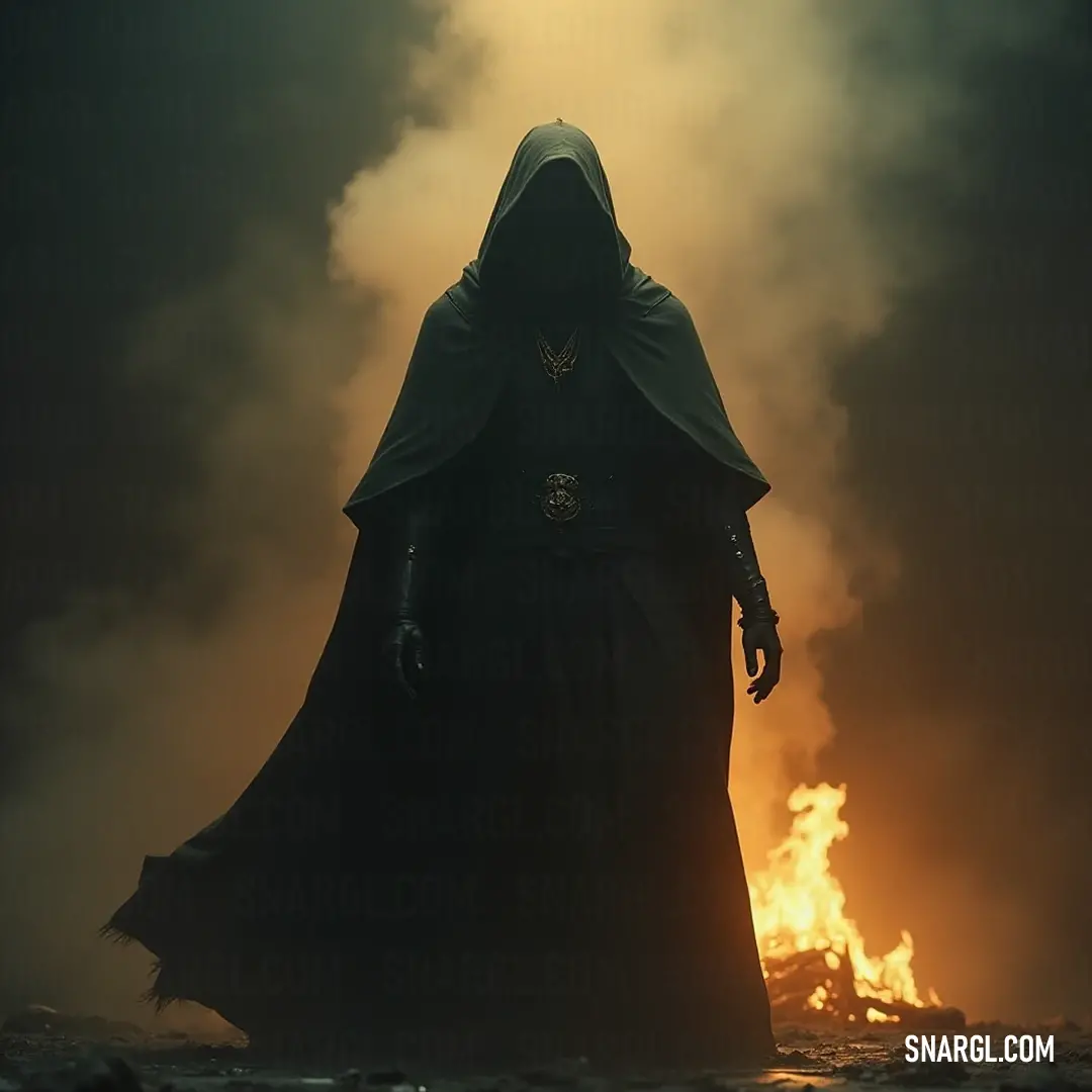 A sorcerer cloaked in a dark hood stands solemnly before a roaring fire, shrouded in mystery and warmth, as flames dance around him, casting flickering shadows on the walls of his secret sanctuary.