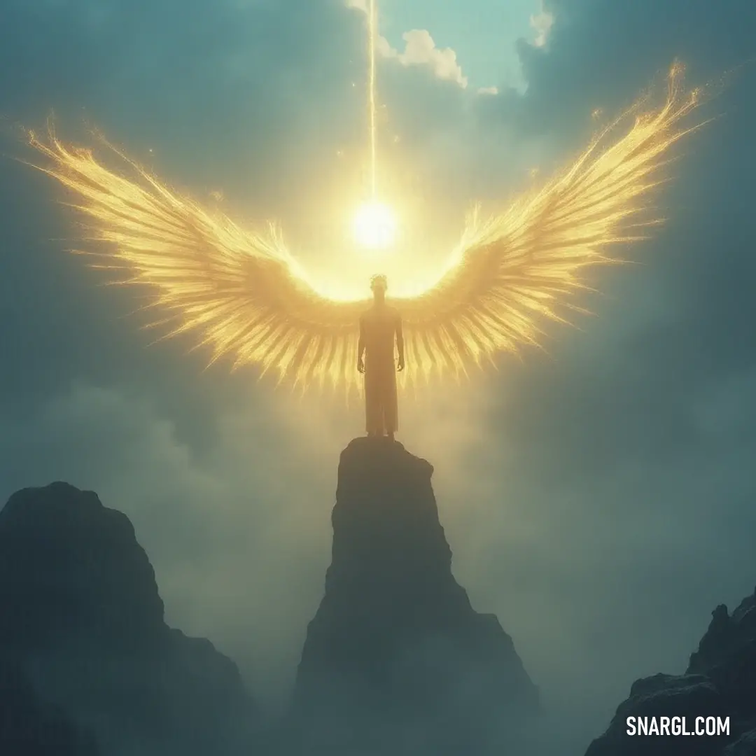 A divine angelic presence gently enveloping the Holy Spheres atop a majestic mountain as the horizon stretches into infinity. Majestic angelic figure with immense wings hovering high above the sacred spheres, set against a breathtaking mountainous backdrop illuminating a serene sky.