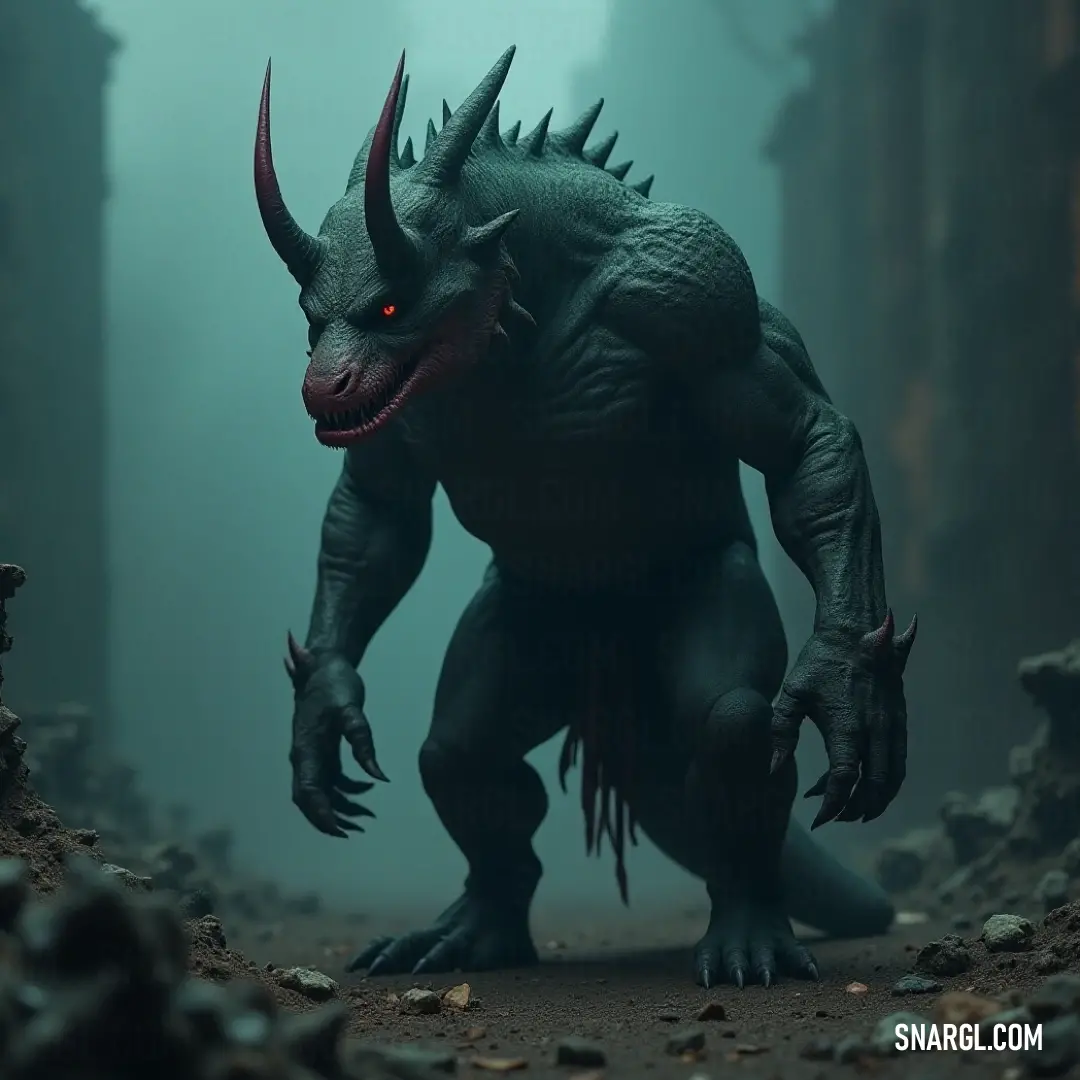 A horned Hunter stands in a fog-covered forest, surrounded by rocks, embodying a sense of dark mystery. The Hunter, adorned with horns, stands in a dark forest shrouded in mist. Rocks litter the ground, adding to the grim, haunted mood of the scene.