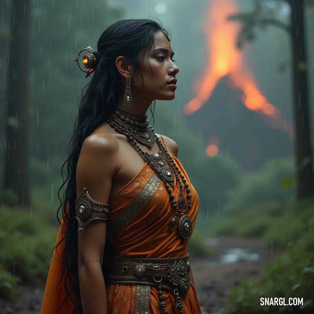 The Illusionist stands poised in the rain, her elegant dress highlighting the powerful backdrop of a distant, erupting volcano. The Illusionist stands in a dramatic rain shower, her elegant dress flowing gracefully while a distant volcano looms ominously. The setting conveys a sense of drama and intrigue, shrouded in shadows and mystery.