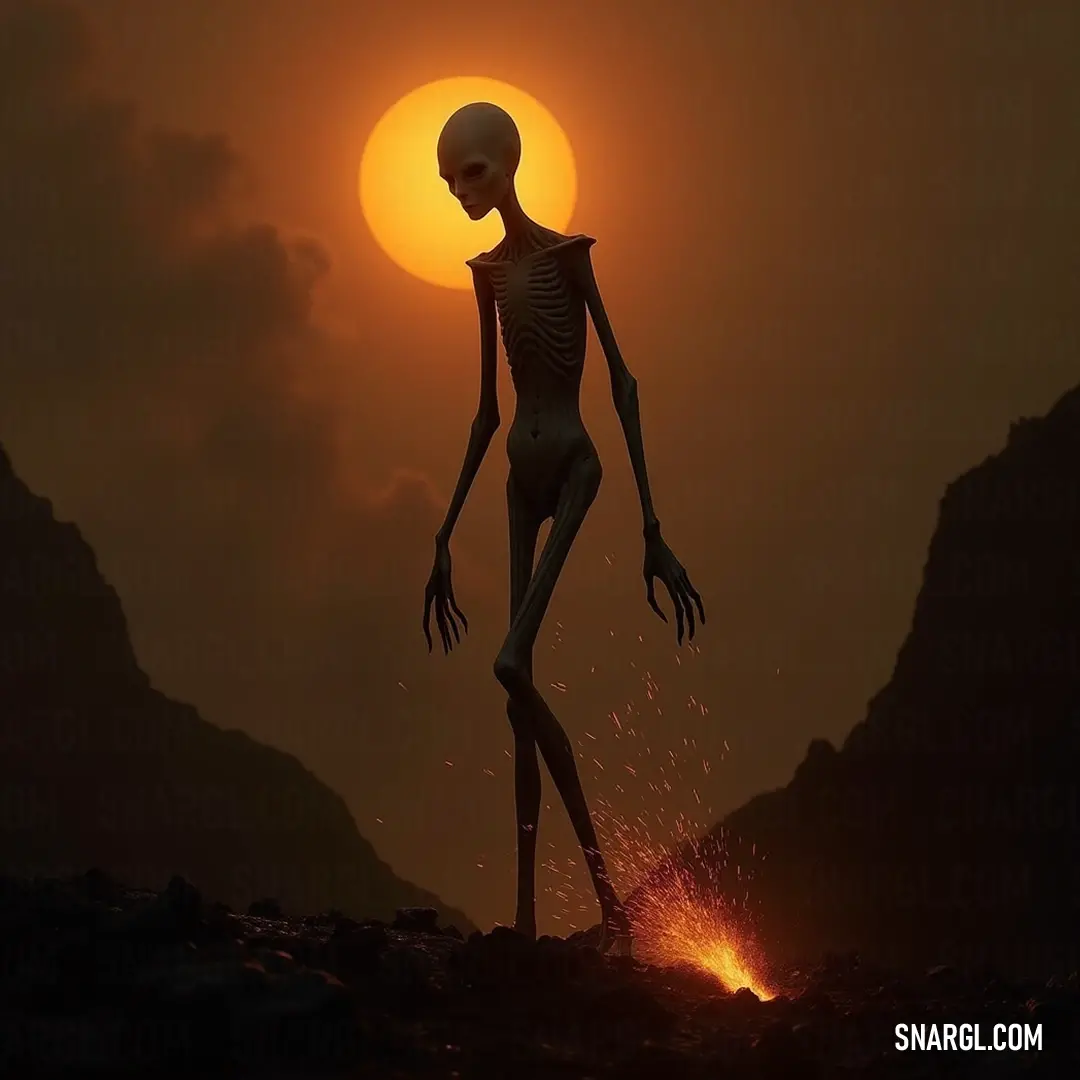 A haunting being captures attention in a vast desert at dusk, the fiery sunset framing its silhouette, blurring the lines between serenity and something ominous. An unsettling, otherworldly entity stands confidently amidst a serene desert landscape, bathed in the warm hues of a sunset, casting an eerie contrast between calm beauty and foreboding presence.