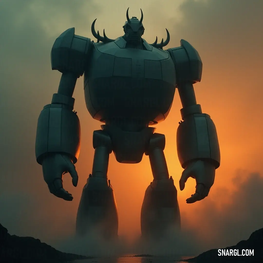 A majestic robot stands proudly in a tranquil lake at sunset, arms outstretched as if embracing the serene beauty surrounding it. A majestic robot stands proudly in the middle of a serene lake during sunset, its metallic silhouette mirrored in the still water, arms extended wide as if embracing the tranquility of nature.