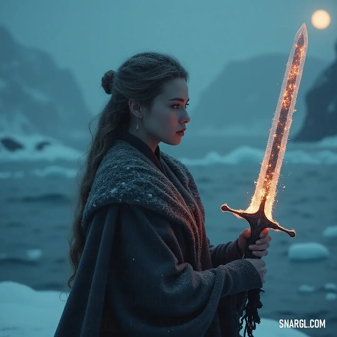 Amidst a serene winter landscape, a strong figure with a sword stands tall, surrounded by the beauty of snow-laden tranquility and grace. An alluring figure holding a gleaming sword stands amidst a pristine snowy landscape, her presence commanding respect and awe as the snowflakes dance around her in the cold air.