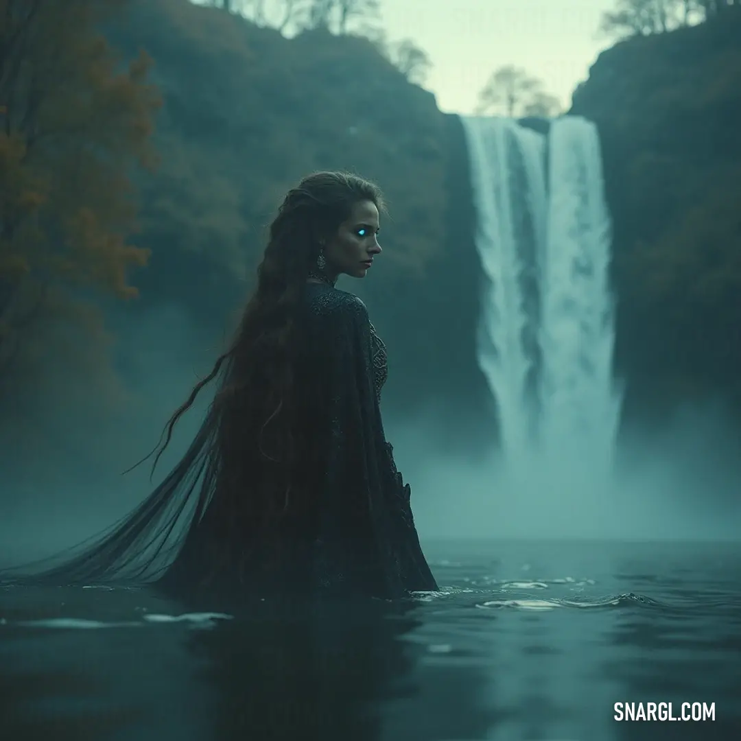 Set against a picturesque forest backdrop, a serene figure stands gracefully in the water, embodying peace and harmony in nature's embrace. A captivating figure with flowing hair stands elegantly in the shimmering waters near a waterfall, surrounded by the lush greenery of a dense forest, embodying tranquility and beauty.