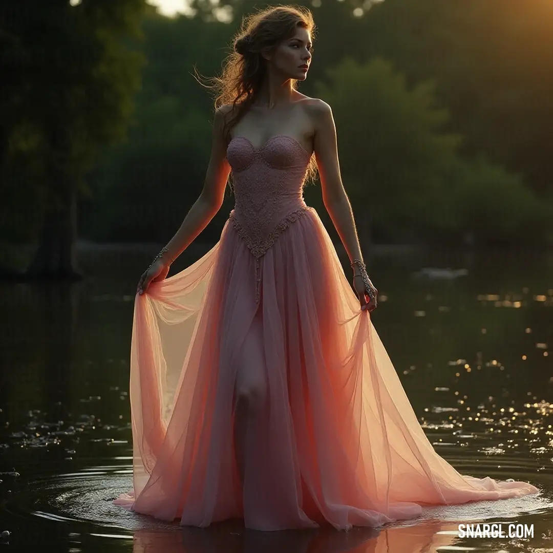 A serene tableau of a lady in flowing dress standing in calm waters, reflected by the vibrant colors of a sunset, embodying the tranquility of fleeting moments. A majestic figure, clothed in an elegant dress, gracefully wades through tranquil waters during a breathtaking sunset, the sky painted in soft hues of orange and pink illuminating the serene scene.