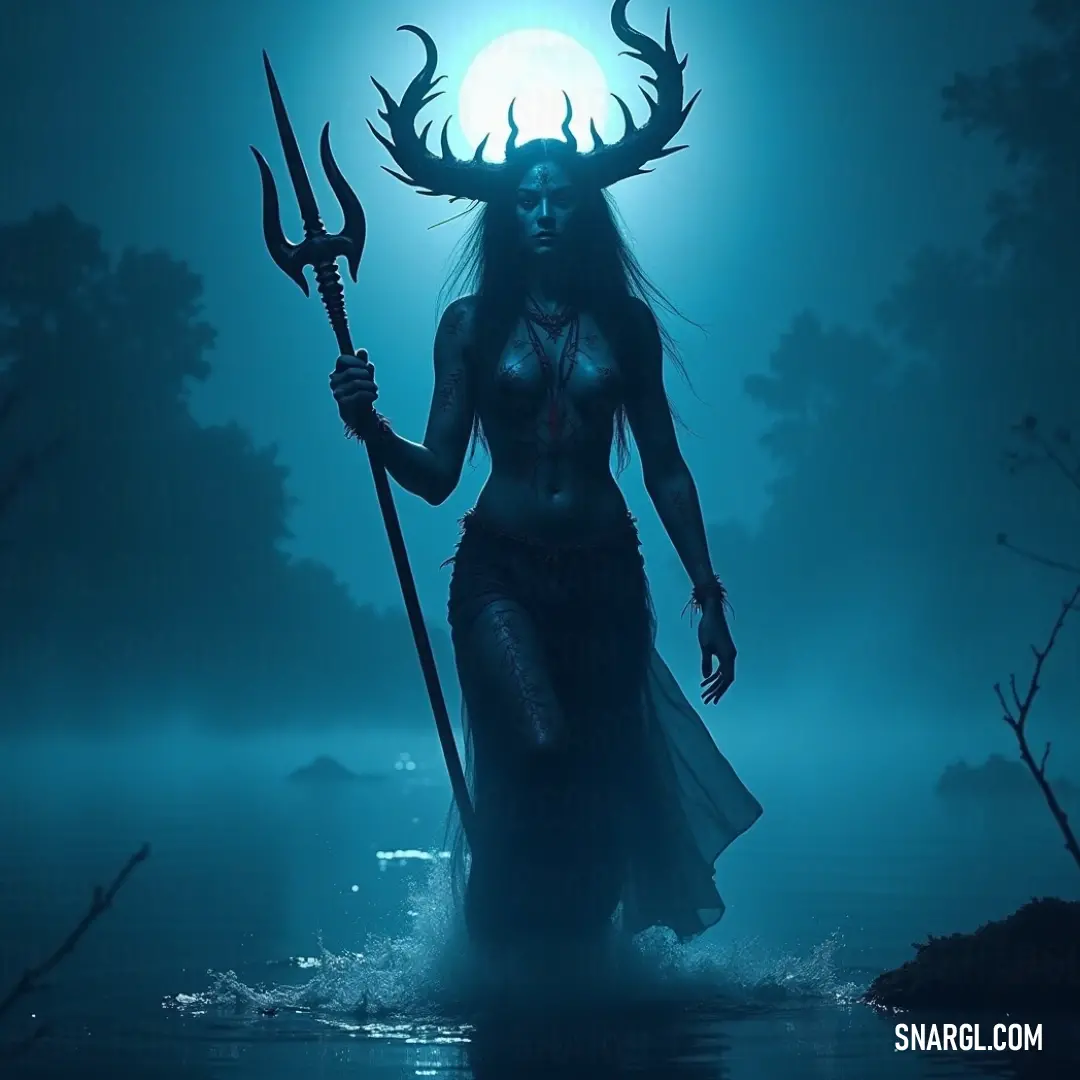 A mystical being adorned with majestic horns stands amidst still waters, under the glow of a full moon, wielding a staff that glimmers with ancient power, creating an enchanting aura around her silhouette in the midnight tranquility of nature. A mystical being adorned with majestic horns stands amidst still waters, under the glow of a full moon, wielding a staff that glimmers with ancient power, creating an enchanting aura around her silhouette in the midnight tranquility of nature.