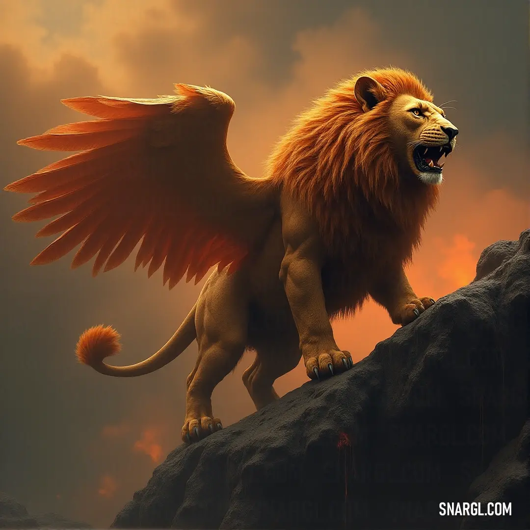 The Legendary Simurgh, wings spread wide, stands on a rocky ledge at sunset, the warm orange and red hues of the sky casting a majestic glow around it.