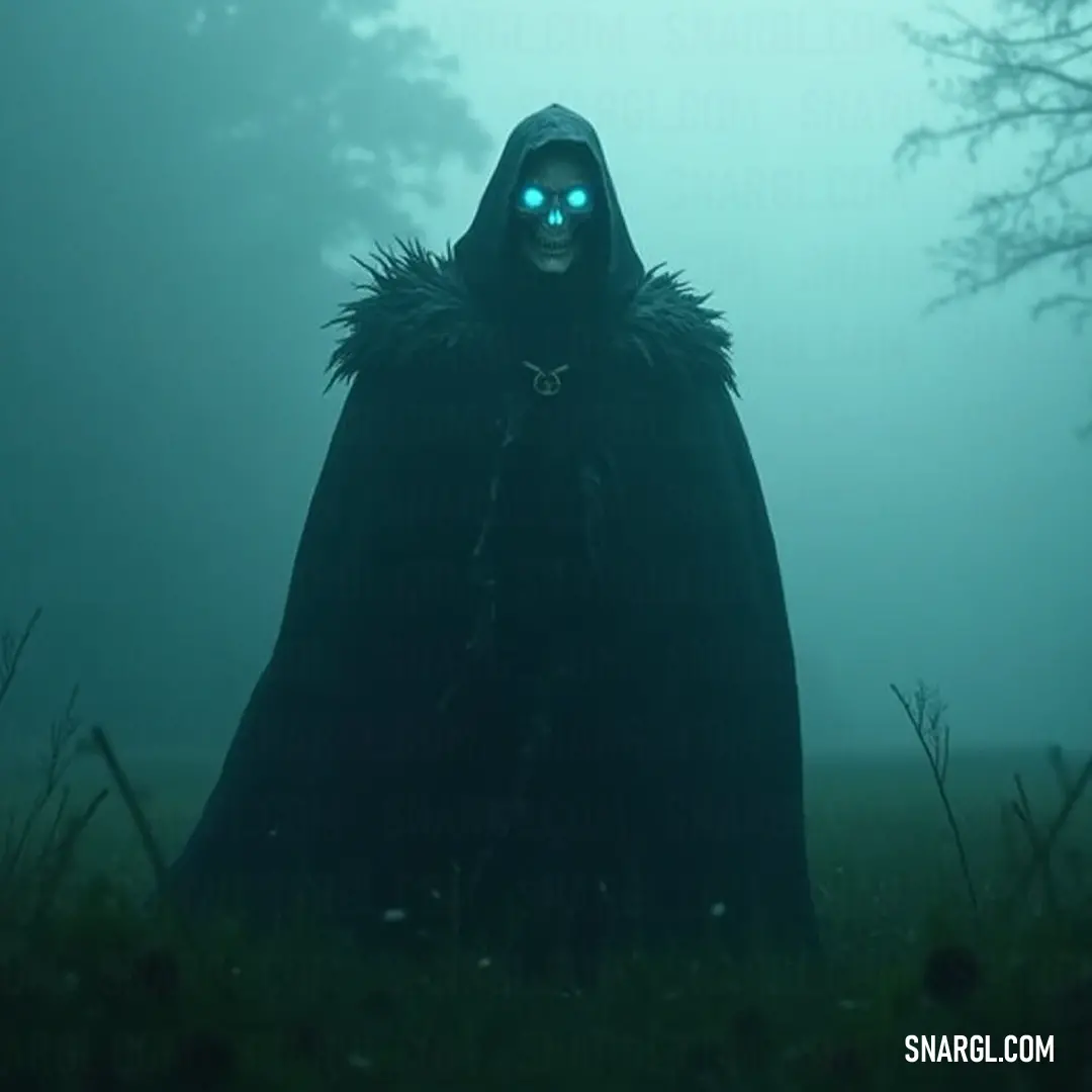 The Lich King emerges from the fog, his glowing eyes piercing the darkness of the night, standing as a spectral sentry amidst the eerie beauty of the forest. In a fog-cloaked forest at night, The Lich King stands with glowing eyes, a menacing figure cloaked in dark robes, gazing hauntingly from the depths of the shadows.