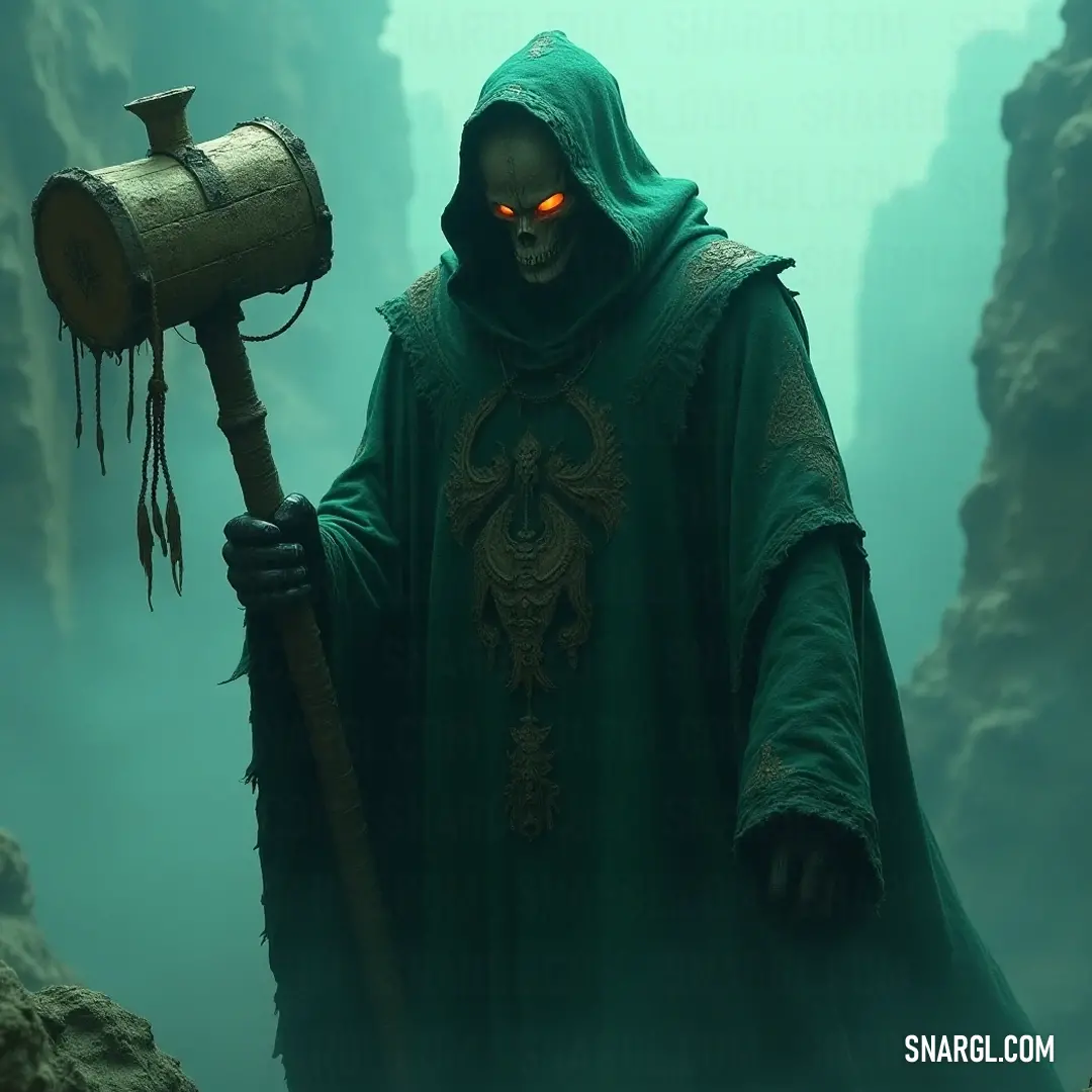 Enveloped in a vibrant green robe, the Lich King grasps a substantial metal object, his eyes dramatically glowing, emerging as a powerful figure against the rich greenery, commanding respect and fear combined in an aura of otherworldly strength.